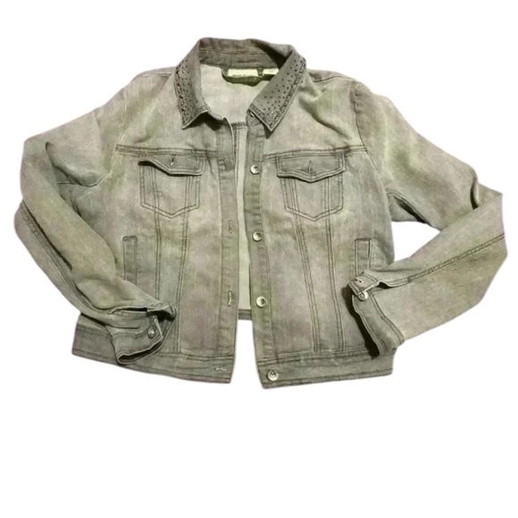 DKNY distressed  denim jacket grey / faded black with blinged collar medium - Picture 1 of 4